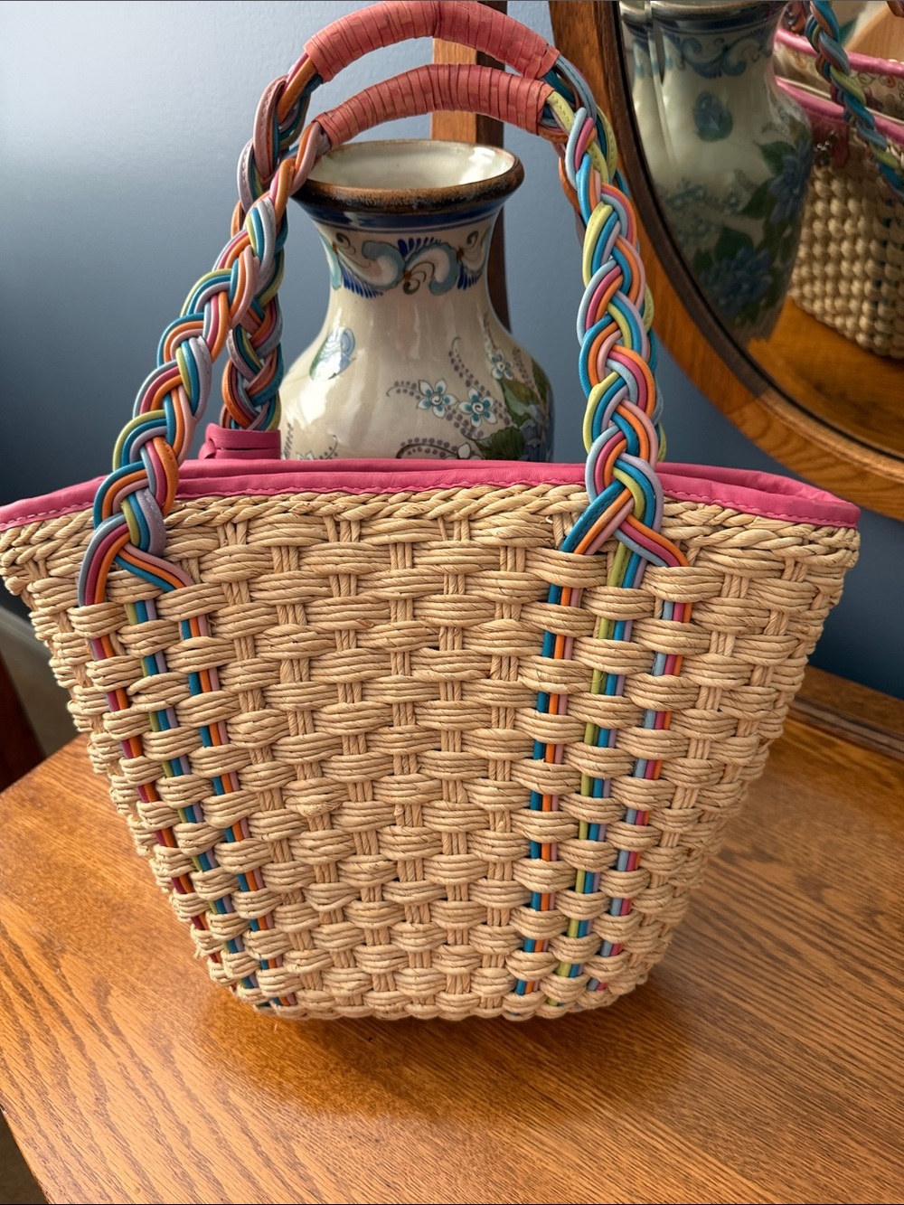 Vintage Brighton Woven Straw Tote with Pink Trim and Multicolor Braided Handles - Picture 2 of 5